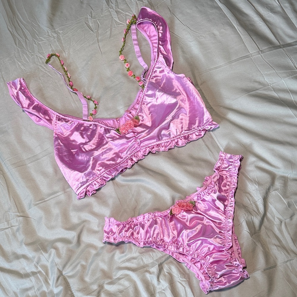 Sugar Thrillz Pink Satin Floral Women's Lingerie Set